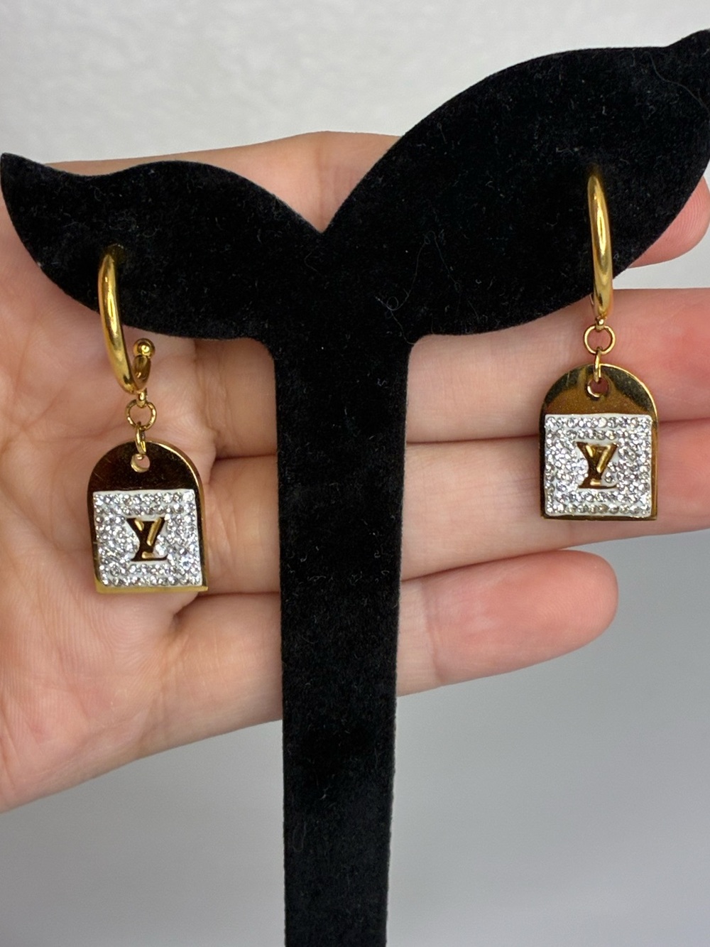 Vintage Gold-Tone Pavé Charm Hoop Earrings